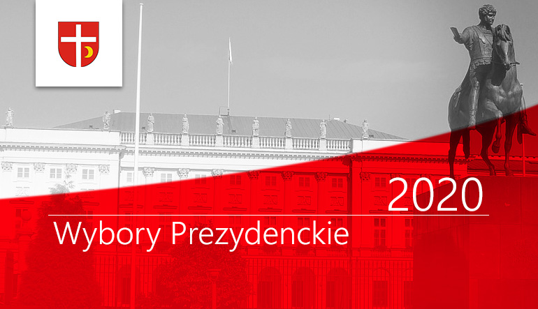 W tle grafiki z napisem Wybory Prezydenckie 2020 pałac prezydencki i pomnik Józefa Poniatowskiego. W lewym górnym rogu herb gminy na białym tle.
