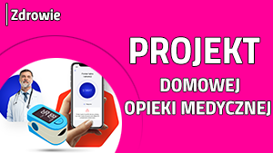 na różowym tle biały napis projekt domowej opieki medycznej w lewym dolnym rogu lekarz, pulsometr i dłoń trzymająca smartfon