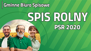 Tło w kolorze zielonym z przecinającymi je pod kątem jaśniejszymi pasami z napisem spis rolny PSR 2020 w lewym dolnym rogu trzy osoby z założonymi rękami od lewej strony młody mężczyzna, starszy siwy pan i młoda kobieta stojący na tle łanu zboża