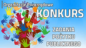 Konkurs ofert na realizację zadań pożytku publicznego, kolorowe ludzkie dłonie tworzące kształt drzewa na biało-niebieskim tle