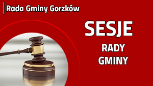 grafika wprowadzenia czerwone tło i napis sesje rady gminy, lewy dolny róg brązowy młotek sędziowski