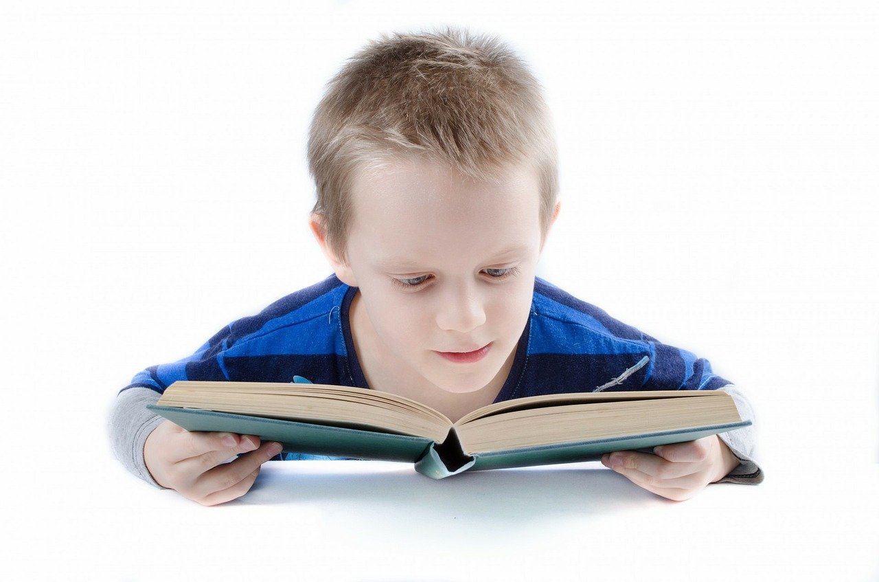 chłopiec w wieku szkolnym czytający książkę